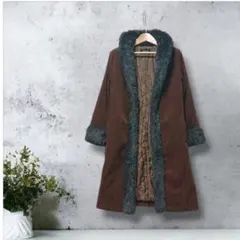 r-48) スエード調 ファー付きロングコート 茶 黒 9AR ヴィンテージ風