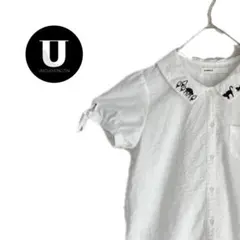 ＼シャツ／ブラウス　猫　ホワイト　M 古着　半袖 　刺繍　トップス