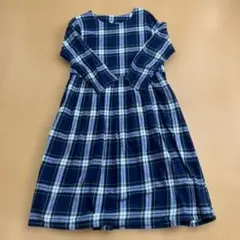 ネイビー チェック柄 長袖ワンピース