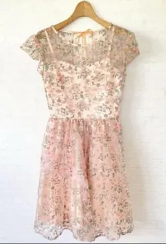 美品 リリーブラウン レース シースルー 花柄 ワンピース ピンク リボン