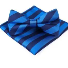 青　濃紺　ストライプ 蝶ネクタイ　ポケットチーフセット　結婚式　発表会　イベント