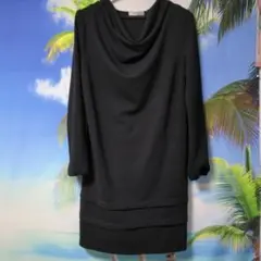 ブラック ドレープネック 長袖ワンピース