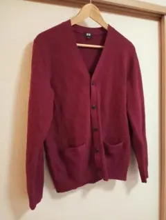 ユニクロ メンズ プレミアムラムVネックカーディガン M ワインレッド 長袖