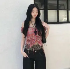 韓国系 ダブルシャーリングフリルブラウス オフショル チェック柄 Y2K