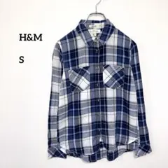 H&M 青系チェック 長袖シャツ Sブルー薄手エイチアンドエムd320