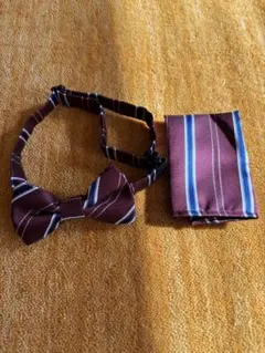 バーガンディ ストライプ 蝶ネクタイ ハンカチセット