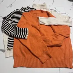 オレンジとストライプのハイネックセーター