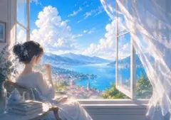 【イラスト】湖畔の窓辺と少女 アートポスター