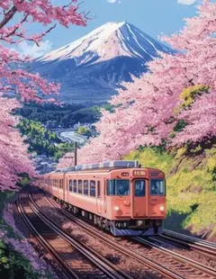 ダイヤモンドアート 桜と富士山 電車 しなの鉄道 ろくもんラウンドビーズ
