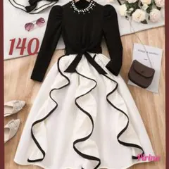 新品 キッズ 女子 パール モノトーン ロング ワンピース 長袖 発表会 140