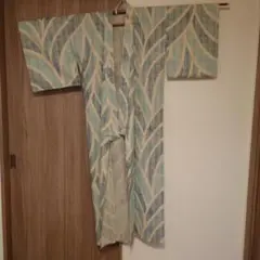 浴衣 単品 ブルー系 リーフ柄 綿麻混紡