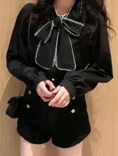 対比トリム ネクタイ付きシャツ 長袖トップス shein 量産 地雷 ブラック