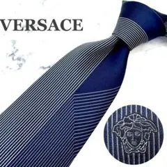 美品　ヴェルサーチ　ネクタイ　ネイビー　シルク　ストライプ　メデューサ