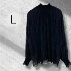 長袖　フレアカラー　ストレッチ　シアー　フリル　ブラウス　ブラック　L