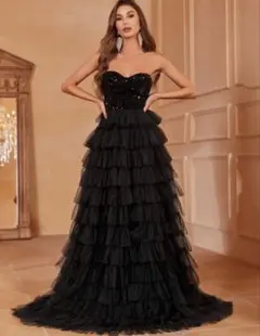 最終値下げSHEIN ブラック　ストラップレスフリルドレス　チュール　結婚前撮り