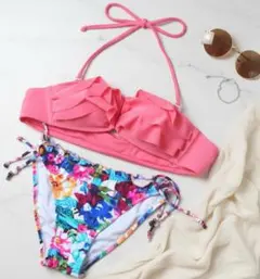 ビキニ 水着 S ピンク フリル バンドゥ 花柄 ブルー 上下セット