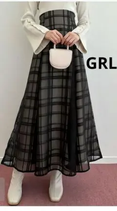 GRL チェック柄シアーフレアスカート ロングスカート 黒とグレーのチェック柄
