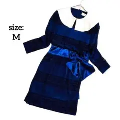 長袖 ワンピース バイカラー リボン M 白襟 ネイビー ビックカラー 上品