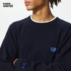 新品タグ★ユニクロ カウズ ウィンター ラムクルーネックセーター ネイビー L