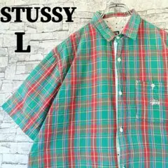 美品✨ステューシー 半袖BDシャツ タータンチェック 刺繍ロゴ 完売品 水玉 L