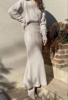 VネックケーブルニットトップスXマーメイドスカート セットアップ[mb1197]