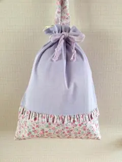 11 持ち手付きフリル巾着袋 お着替え 体操着 いちご柄 花柄 パープル ピンク