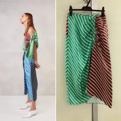 【TIBI】 緑×茶 SILK サテン 切替バイカラー ボーダー スカートのサムネイル