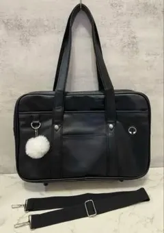 スクールバッグ 黒 大容量 A4対応 PUレザー ボストン 通学 ショルダー付き