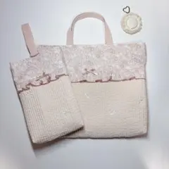 ヌビ　りぼん　刺繍生地　キラキラミシェル　リバティ　レッスンバッグ　上履き袋