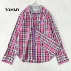 トミー 長袖シャツ チェック柄 ロゴ刺繍 メンズ S 未使用級 コットン 洗える