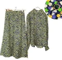 昭和レトロ　レディース　セットアップ　シルク　シャツ　ロングスカート　金ボタン