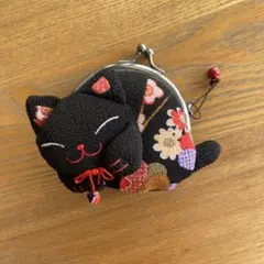 【未使用、半額以下】　猫　がま口 黒 招福 ちりめん　和風　財布　ちりめん和雑貨