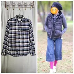 無印良品　チェック柄　長袖シャツ　ネイビー系　XS