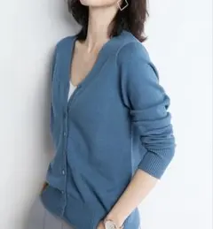 レディース Vネックカーディガン 長袖 XLサイズ ブルー