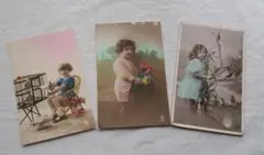 ポストカード 写真カード 3枚 子ども 人形 セピア色 1920年代/K719 ポストカード 写真カード 3枚 子ども 人形 セピア色 1920年代/K719