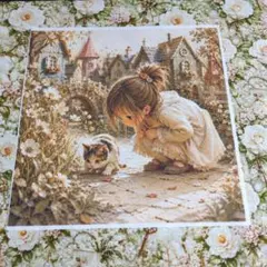 未使用　女の子＆猫ちゃんパネル生地＆イギリスガーデン風薔薇柄生地