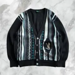 【GW特価】刺繍ロゴ入りニット 総柄カーディガン トラッド カジュアル 古着