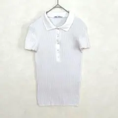 ZARA ザラ　リブニット　半袖　ポロシャツ　くすみホワイト　Mサイズ　タイトめ