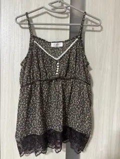 平成　森ガール　シフォンキャミソール　茶色　レース　フリルのサムネイル