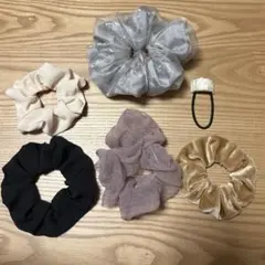 シュシュ 6個セット グレー 黒 白 ピンク 茶色