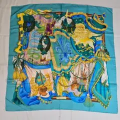 【美品】グッチ スカーフ ライオン 王冠 ターコイズブルー シルク