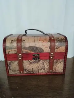 アンティーク調木製地図柄トランク型収納ボックス取っ手付き防水ではない、お宝箱