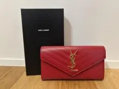 イヴ・サンローラン 長財布 レッド キャビア ラウンドジップ