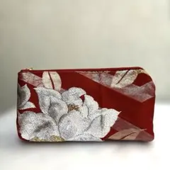 帯リメイク赤い花柄ポーチ ゴールドファスナー付き