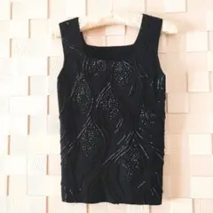 【SUPER BEAUTY】スーパービューティ ビーズ刺繍 カットソー 黒