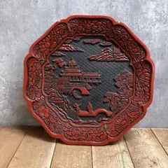E-2 中国美術 堆朱 彫漆 楼閣山水人物文 八角 飾り盆 お盆 漆器 古道具 E-2 中国美術 堆朱 彫漆 楼閣山水人物文 八角 飾り盆 お盆 漆器 古道具