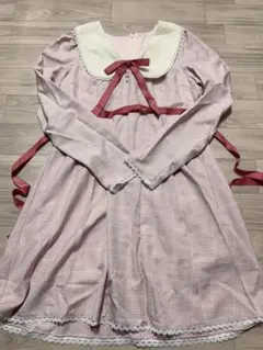 限定値下げ【DearMyLove】ピンクチェックリボン長袖ワンピースのサムネイル