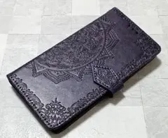 iPhoneX/XS 用 スマホケース 手帳型 浮彫 曼荼羅 パープル 紫色