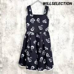 美品【ウィルセレクション】花柄 膝丈キャミワンピース ネイビー 総柄 フレア S