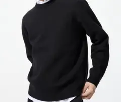 新品UNIQLO ブラックウォッシャブルミラノリブクルーネックセーター Lサイズ